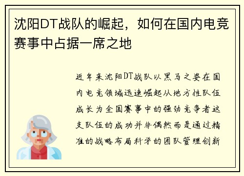 沈阳DT战队的崛起，如何在国内电竞赛事中占据一席之地