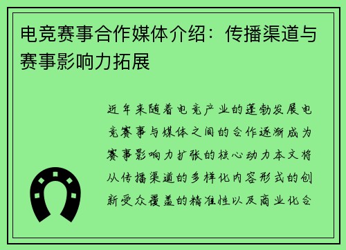 电竞赛事合作媒体介绍：传播渠道与赛事影响力拓展